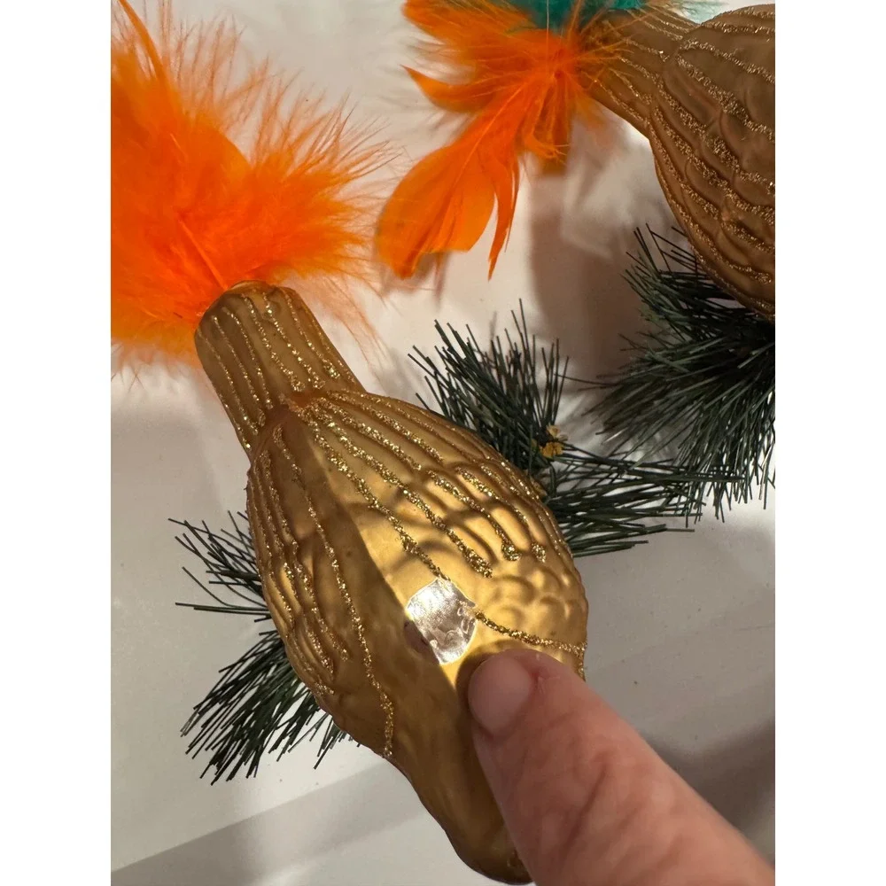 Vintage Style Gold Bird Christmas Ornaments Set of 3 Feather Tails Pine Accents